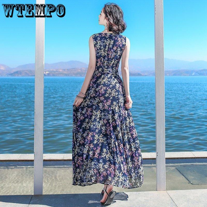 WTEMPO Women's Summer V-neck Dress Seaside Vacation Print Beach Dress Bohemian Waist Dress Loose Temperament Floral Dress Fairy Dress