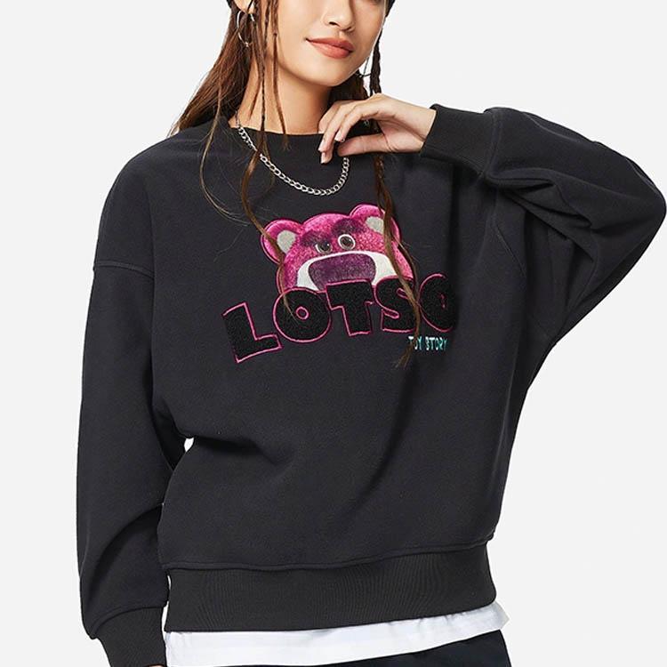Li Ning X Disney Toy Story Strawberry Bear Series Cartoon Print Fleece Loose Pullover Sweatshirt Women Sweatshirt Black AWDR758-3