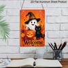 2D Flat Welcome Halloween Cute Ghost Black Cat Pumpkin Metal Sign - 8.0x12.0inch Aluminum Wall Art, Autumn Front Door Porch Decor, Pre-Drilled Holes