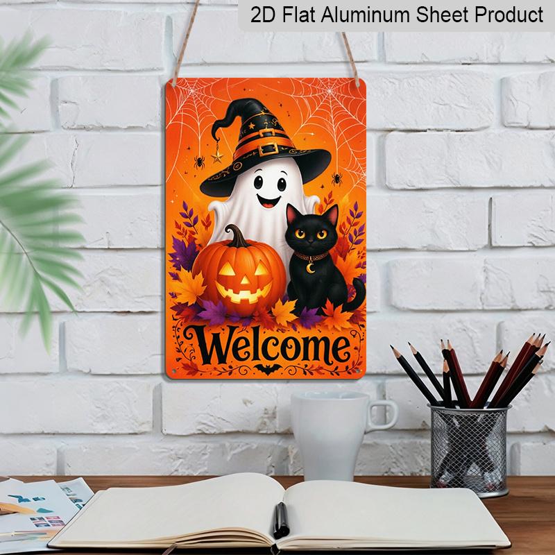 2D Flat Welcome Halloween Cute Ghost Black Cat Pumpkin Metal Sign - 8.0x12.0inch Aluminum Wall Art, Autumn Front Door Porch Decor, Pre-Drilled Holes