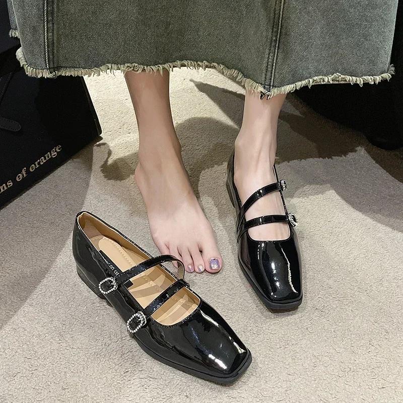 Spring Autumn Silver French Square Toe Women's Shoes Elegant Double Buckle Strap Mary Jane Shallow Shoe Retro Pumps