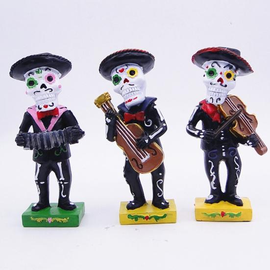 Black Mariachi Band Skeleton Statue Halloween Day of The Dead Skull Figurine Resin Collectible Folk Musician Players Ornament for Home Decor