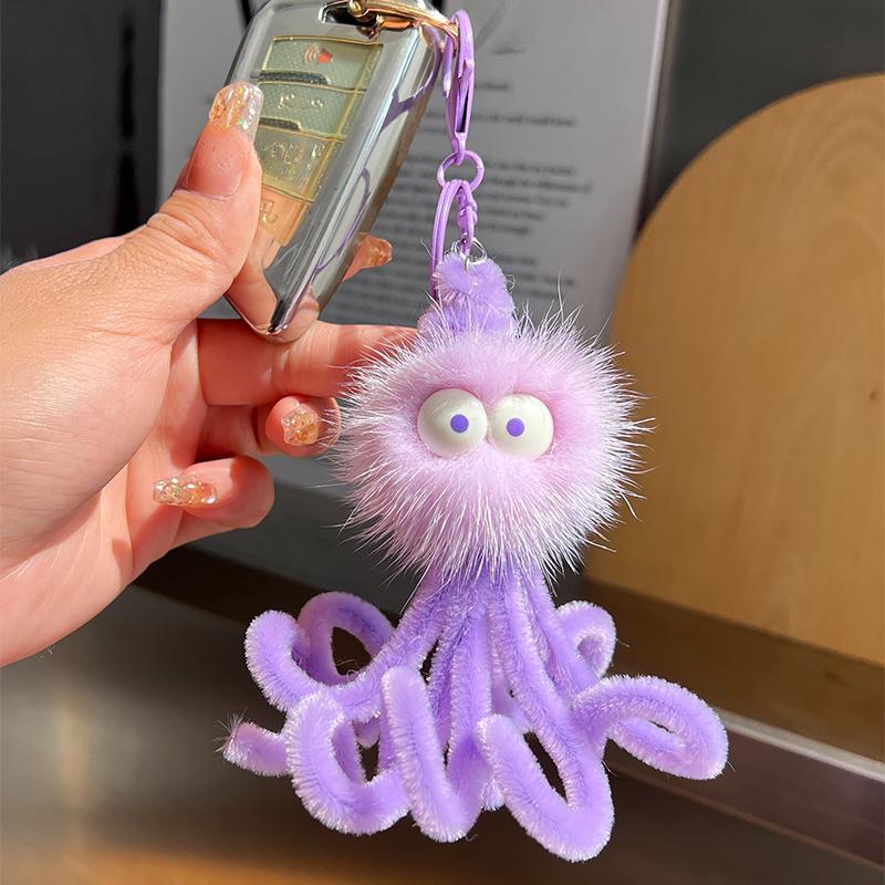 

Милый брелок для ключей в виде маленького осьминога из натурального меха норки, подвеска для машины, Ins помпон, кукла-осьминог, подвеска для сумки светло-фиолетовый