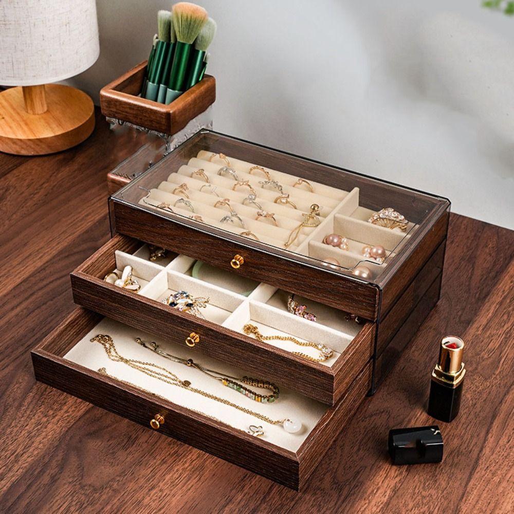 Transparent Window Wooden Jewelry Box Multi-layer Square Jewelry Box Fashion Jewelry Holder  Travel