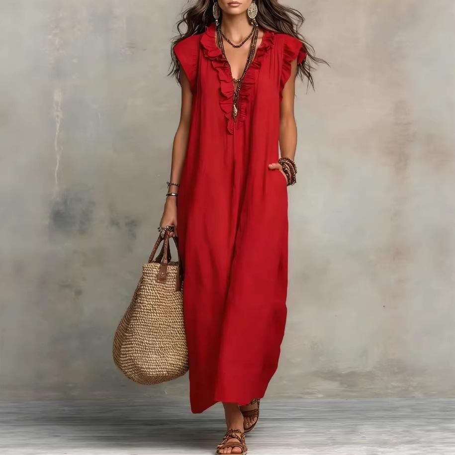 Women's Ruffle V Neck Cap Sleeve Solid Linen Blend Maxi Dress With Side Pockets Boho Floor Length Casual Gown