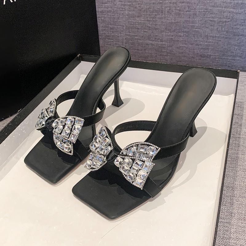 Sandal Slippers Women Summer Outer Wear Square Head Rhinestone Bow Fine Heel High Heel Slippers