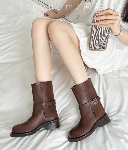 Leather Belt Buckle Straight Boots Small Thick-soled British Retro Martin Boots Western Boots Short Boots Women's Knight Boots