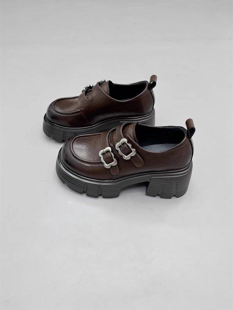 Soft Leather Version~ 2025 Autumn New Small Man Height Increase 7CM Small Leather Shoes Retro Belt Buckle Velcro Loafers Women