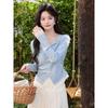 Luxiangnan Women's Blue Fake Two-Piece Long Sleeve Top