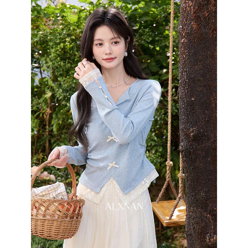 Luxiangnan Women's Blue Fake Two-Piece Long Sleeve Top