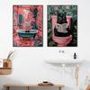 Funny Cat Animal Bathroom Wall Art Canvas Painting Cat Reading Newspaper Toilet Print Poster Pink Bathtube Wall Home Decoration