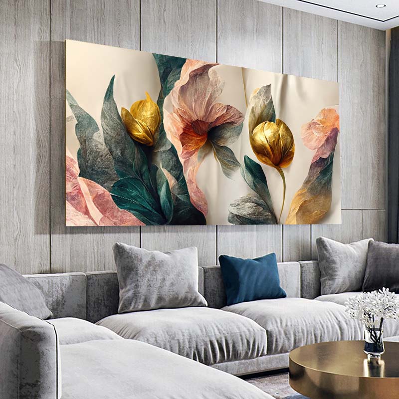 Vintage Gold Green Pink Flowers Posters Wall Art Canvas Painting Prints Pictures Living Room Interior Home Decoration