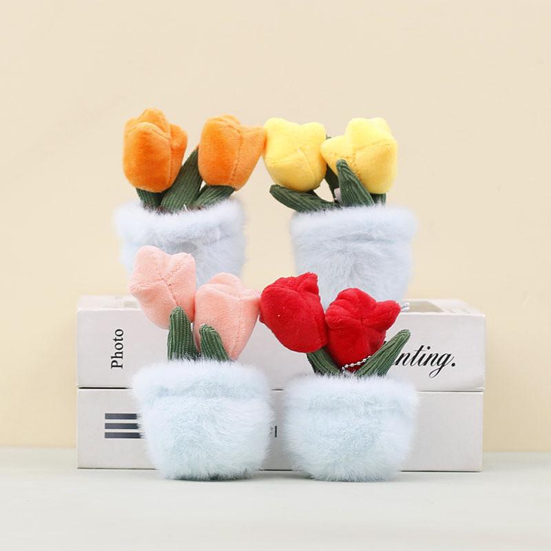 Plush Potted Tulip Plant Toy With Keychain For Gift And Bag Decor