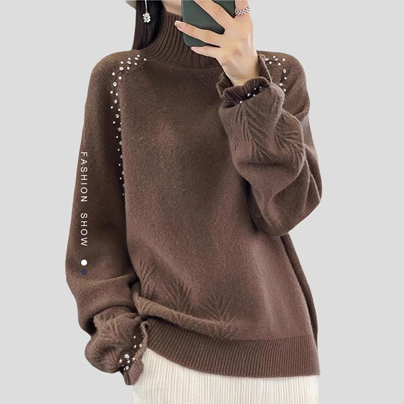 Women's Turtleneck Sweater Autumn Winter Beaded Loose Sweater Solid Color Pullover Knit Top