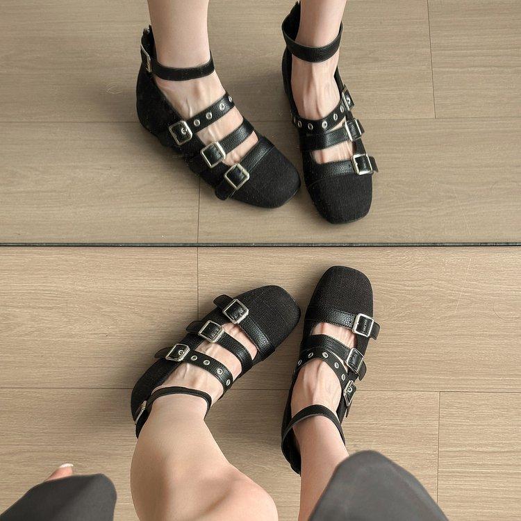 Niche retro style belt buckle rivet shallow mouth round head Mary Jane shoes women's 2025 new autumn ballet shoes