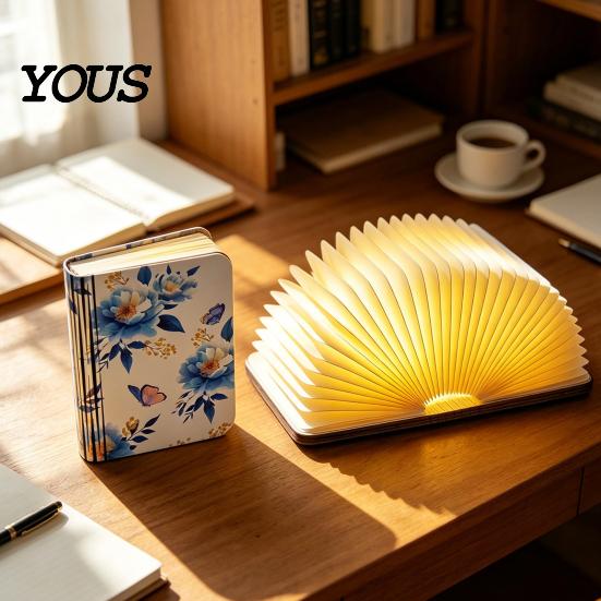Creative Gift for Women Portable LED Book Light, Wooden Magnetic Foldable Night Lamp with Stepless Dimming, Artistic Shaped USB