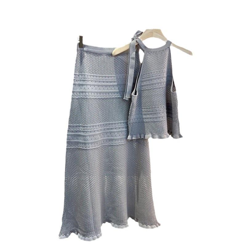 Summer French Fashion: Knitted Midi Skirt & Tie-Up Tank Top Ice Silk Two-Piece Dress
