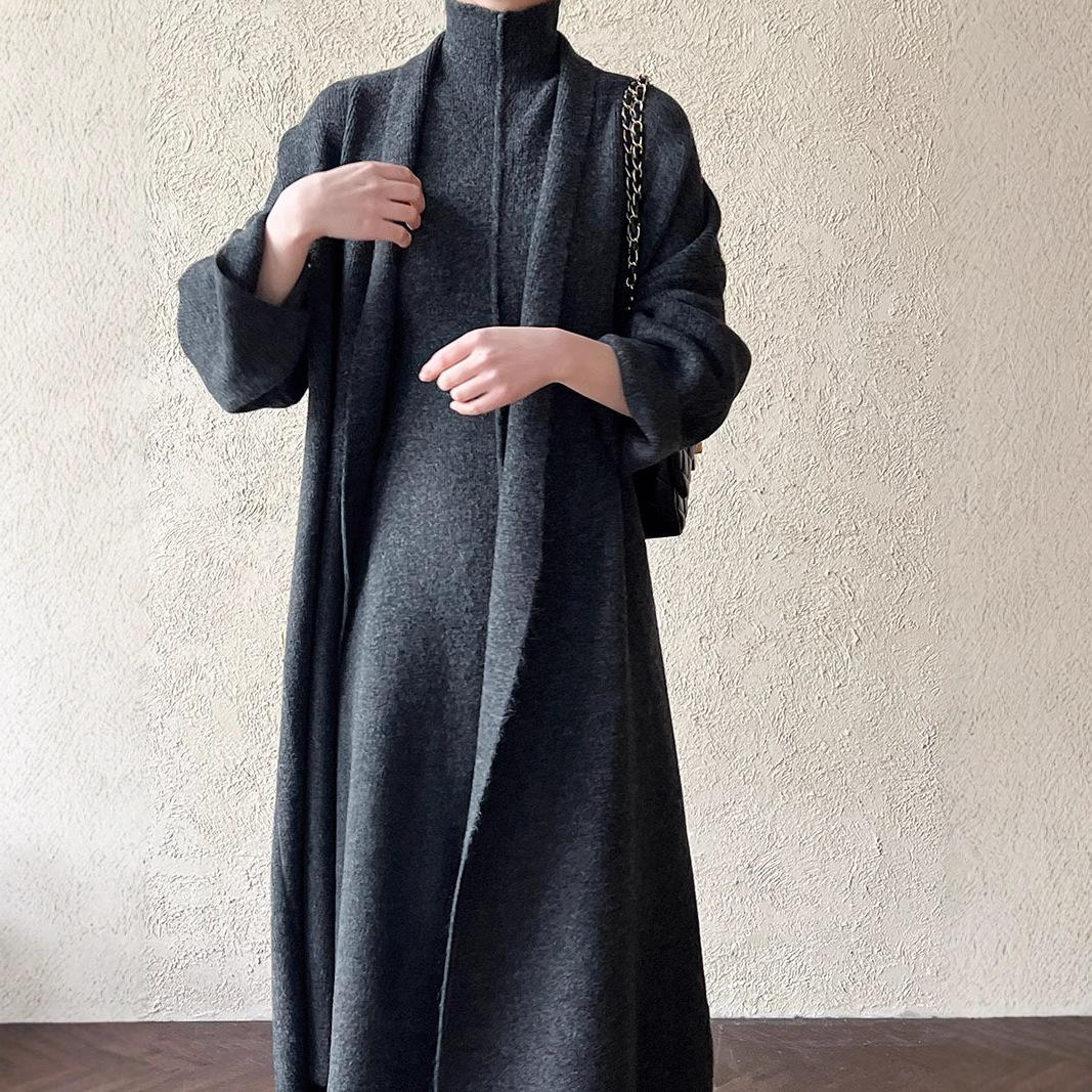 

Длинный вязаный кардиган свитер платье с высоким воротом комплект из двух предметов One size серый