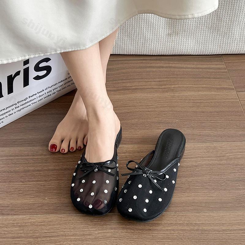 Fashion Thick Heeled Bow Rhinestone Design Mesh Breathable Half Slippers Women's Outdoor 2025 Summer Korean Version Lightweight Sandals