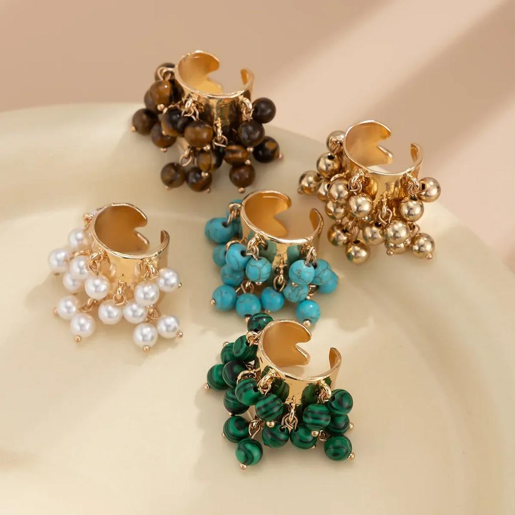 Vintage Natural Stone Multi-Pendant Tassels Pendant Open Ring Women'S Exaggerated Beaded Heart Ring Wedding Party Boho Jewelry