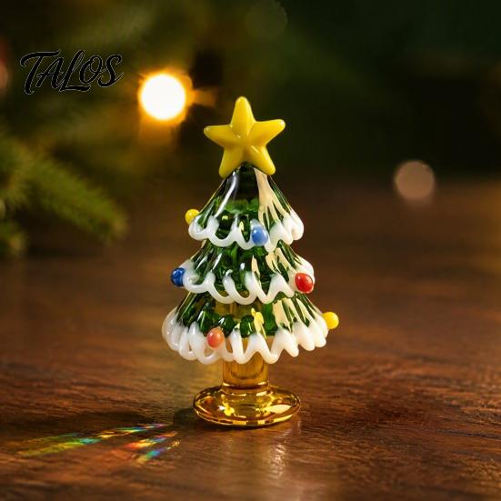 Small Christmas Gift for Home Handmade Glass Mini Tree Figurine, Blown Tabletop Ornament with Festive Holiday Decoration Star Topper, Desktop