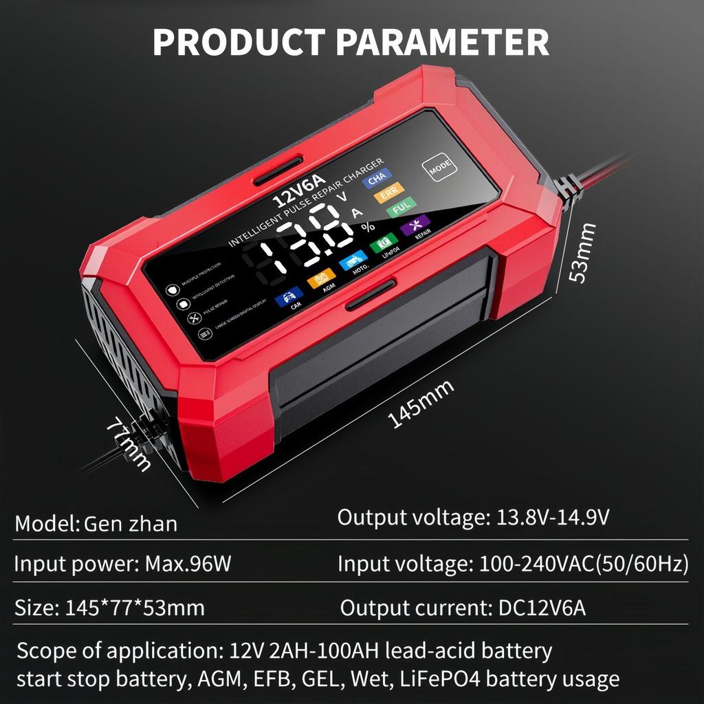12V6A Car Battery Charger Motorcycle Battery Charger Smart Automatic Battery Charger