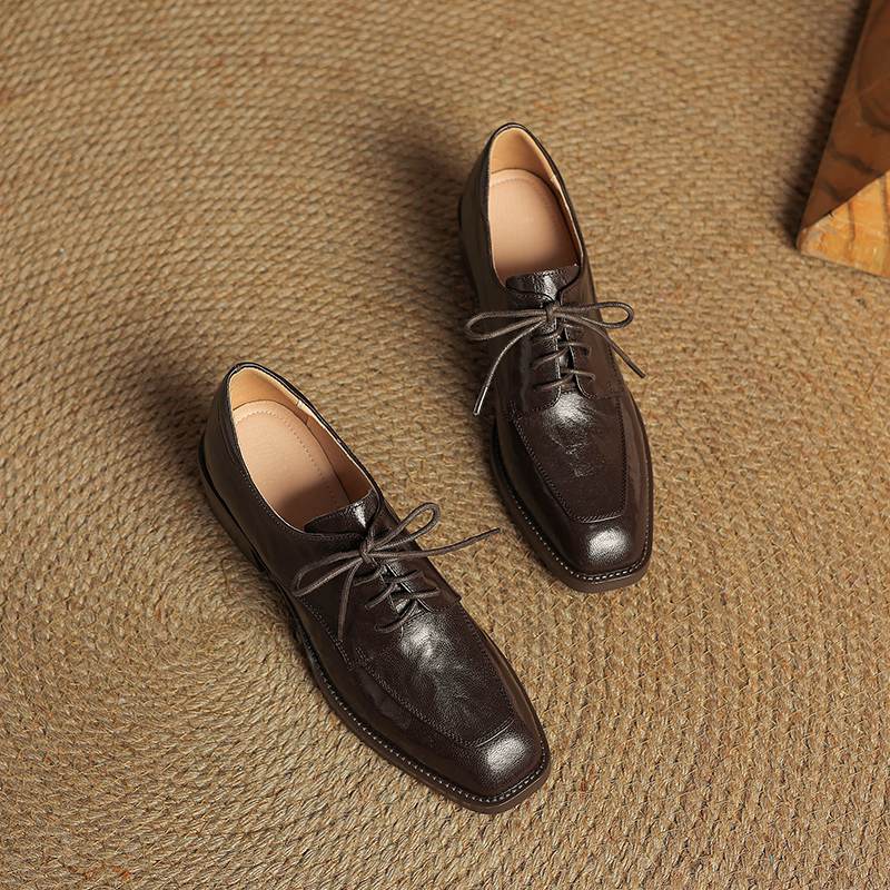 Krazing Pot Sheepskin Autumn Winter Shoes Lace Up Med Heels Size 42 Square Toe Brown Color Pumps