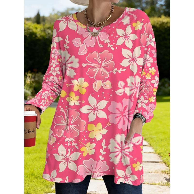 Women s Plus Size Pink Floral Long Sleeve Loose T-Shirt with Pockets S