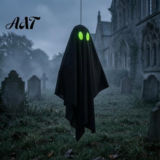 Hanging Ghost Props Halloween Outdoor Decoration, Spooky Black Fabric with Green Yard Atmosphere Eyes for Outside Tree, Porch, Yard, Lawn, Haunted