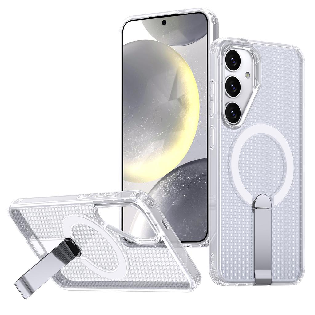 For Samsung Galaxy S25 FE Magnetic Case Kickstand Grid Texture TPU PC Phone Back Cover