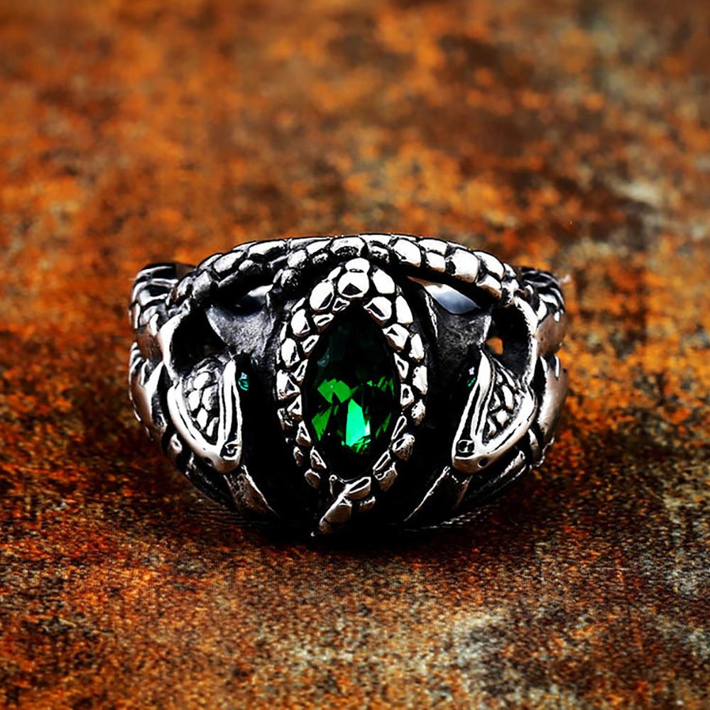 Vintage 316L Stainless Steel Aragorn II Barahir Snake Rings with Green Stone Eye for Men Women Fashion Punk Jewelry Dropshipping