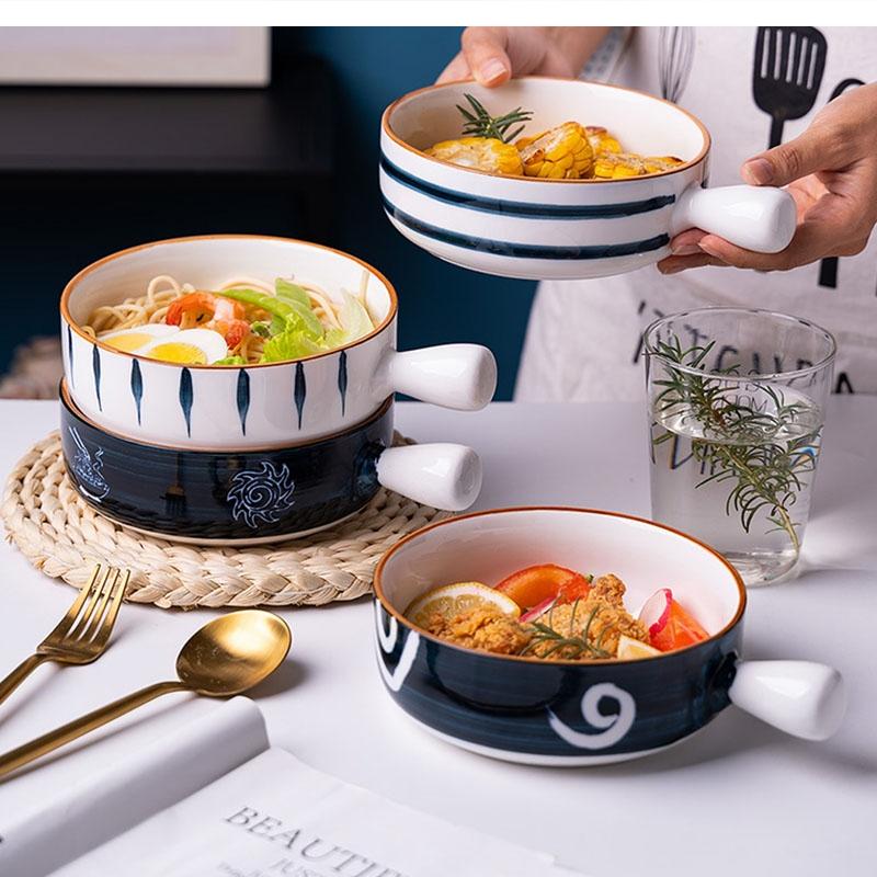 650ml Art Ceramic Dish Handle Round Soup Noodle Kitchen Dessert Tableware