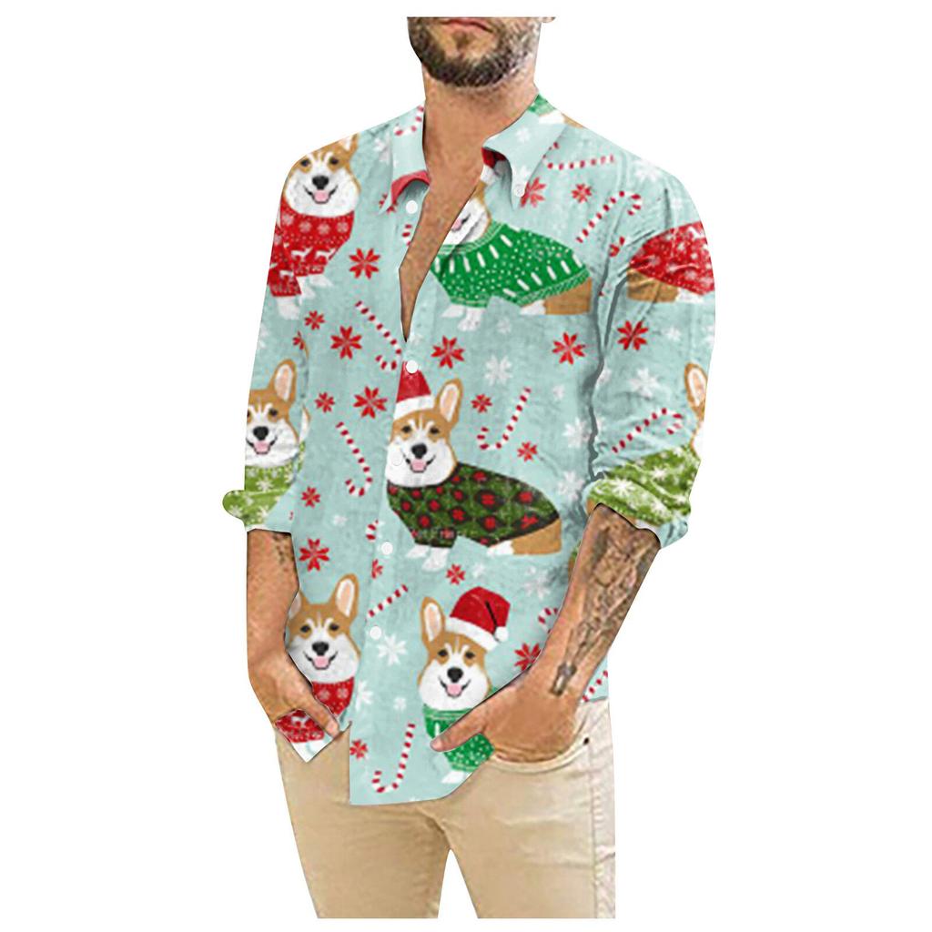 Men's Christmas Shirts Long Sleeve Floral Printed Button Up Tops Funny Cute  Graphic Dress Shirt