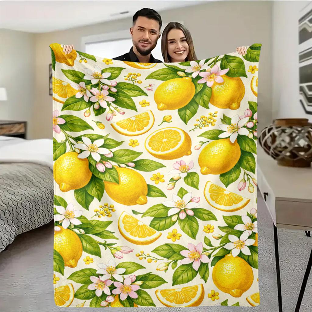 Elegant Italian Lemon Blanket Warm Soft Bedspread Couch Throw Blanket Classic Blue Floral Room Decor Gift For Women Men New