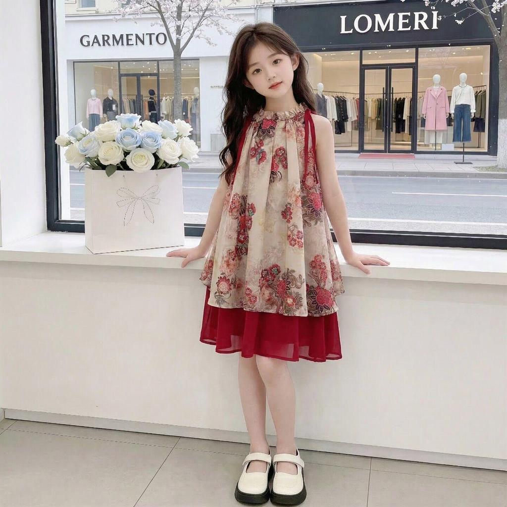 Girls' Elegant Sleeveless Dress - 2026 Summer Two-Piece Style for Middle & Big Kids