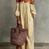 2026 Spring and Autumn New European and American Stripe Printed Off-Shoulder Lantern Sleeve Dress Holiday Style Loose Beach Dress