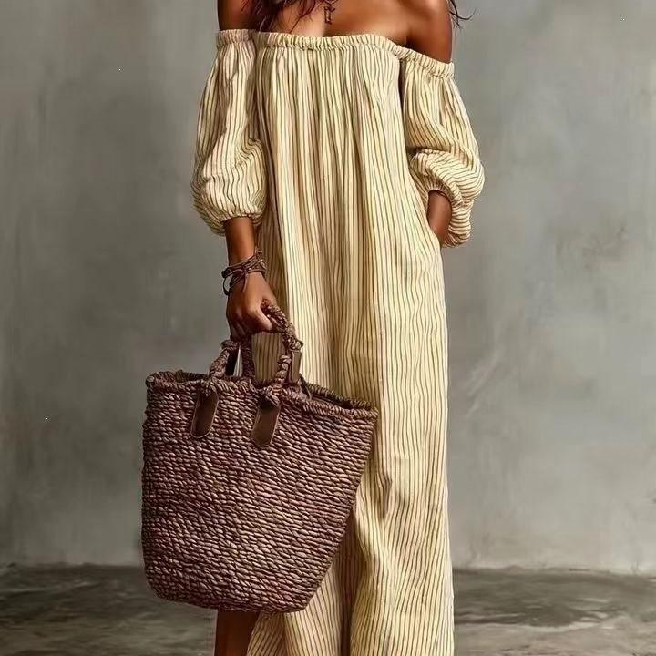 2026 Spring and Autumn New European and American Stripe Printed Off-Shoulder Lantern Sleeve Dress Holiday Style Loose Beach Dress