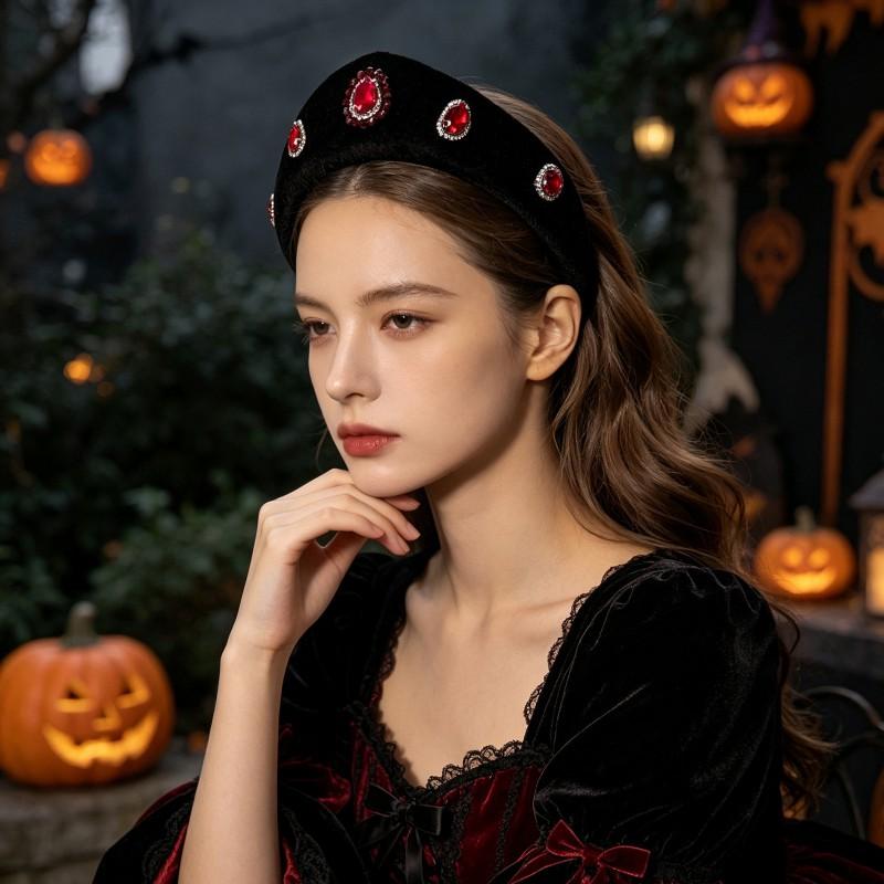 Vintage Velvet Red Rhinestone Wide Headband Crown Hair Accessory Halloween Gothic Bride Costume