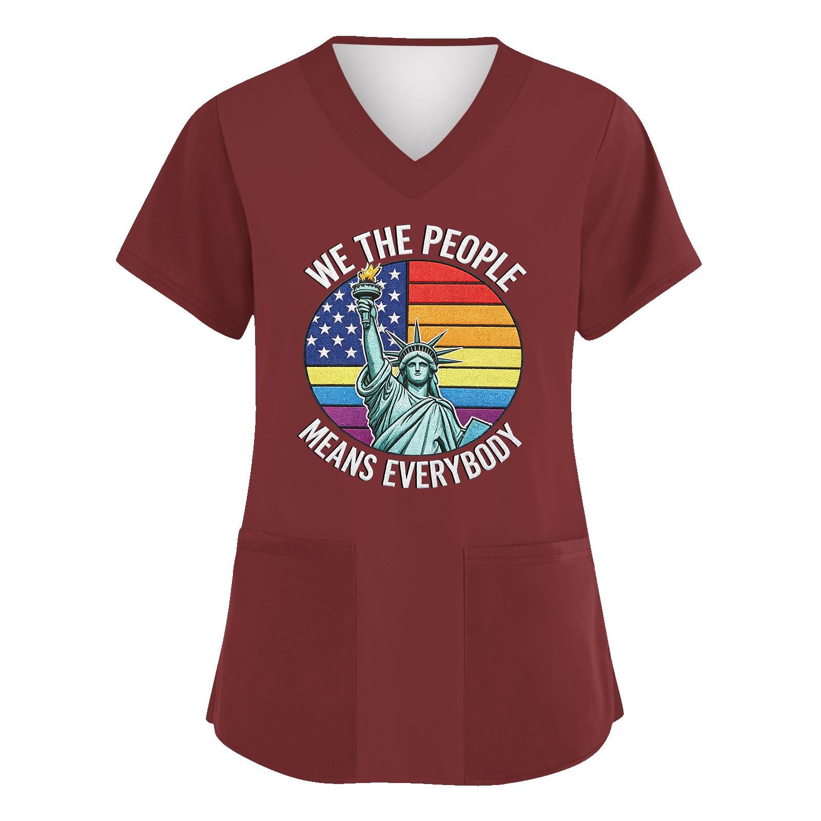 

Women s V Neck Short Sleeve Work Top with Pockets Independence Day Graphic Print Nursing Scrub Shirt Lightweight Comfortable Fit L