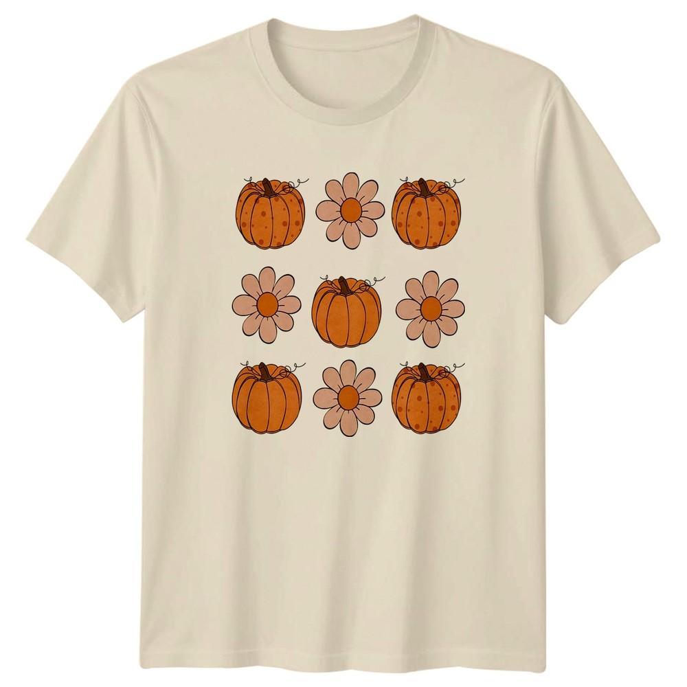 Retro Pumpkin Daisy Pattern Unisexs TShirt Fall Thanksgiving Gift For Her