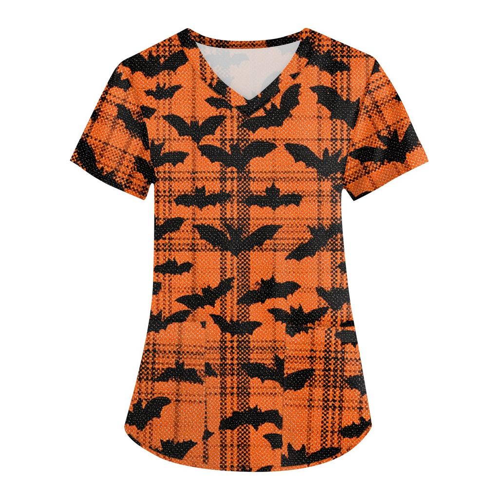 Women's Printing Uniform Work Uniform V-neck Pockets Basic Short Sleeve Pullover Top