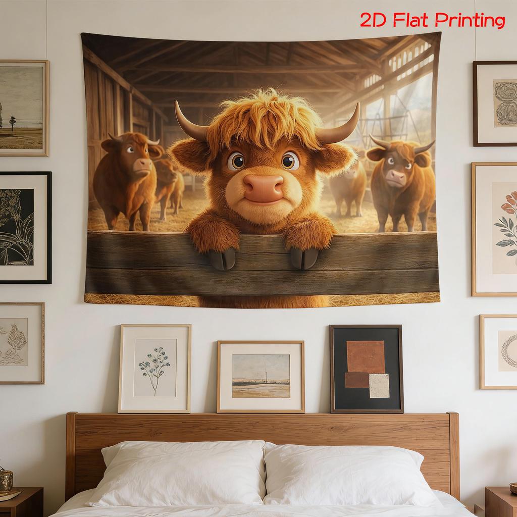 Large Cow Tapestry Wall Hanging Rustic Farmhouse Decor Canvas Animal Print Barn Scene Nursery Room Art Poster Decoration