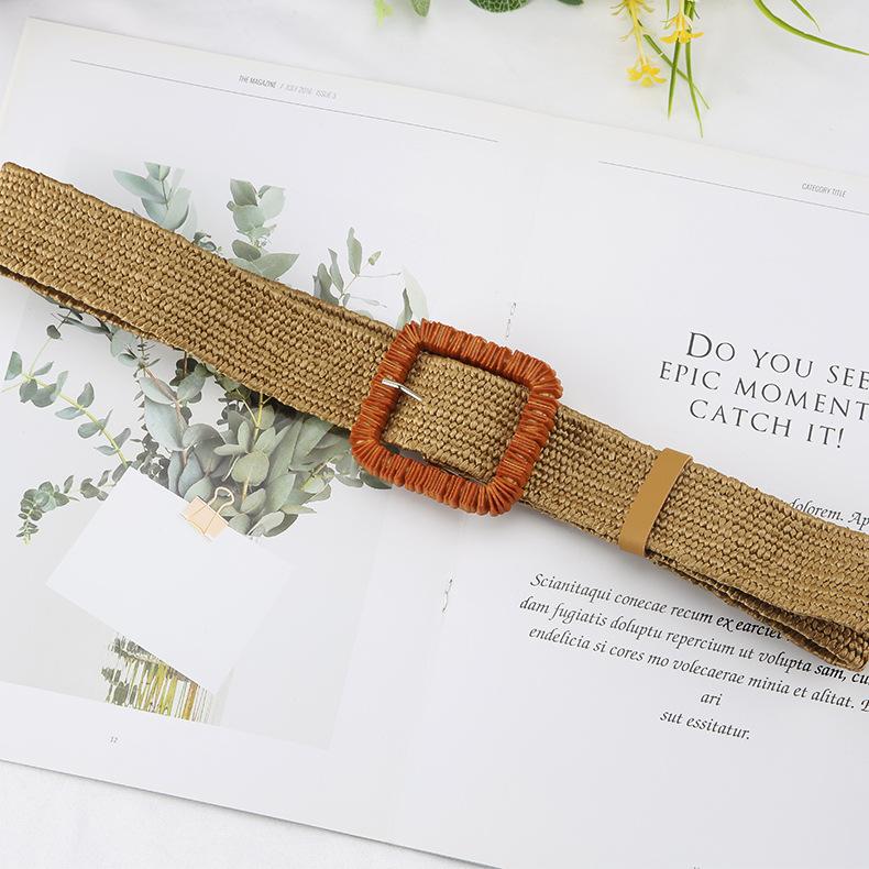 Pp Grass Woven Belt Women'S Retro Cotton And Linen Ethnic Style Dress Waist Seal Square Buckle Decorative Belt