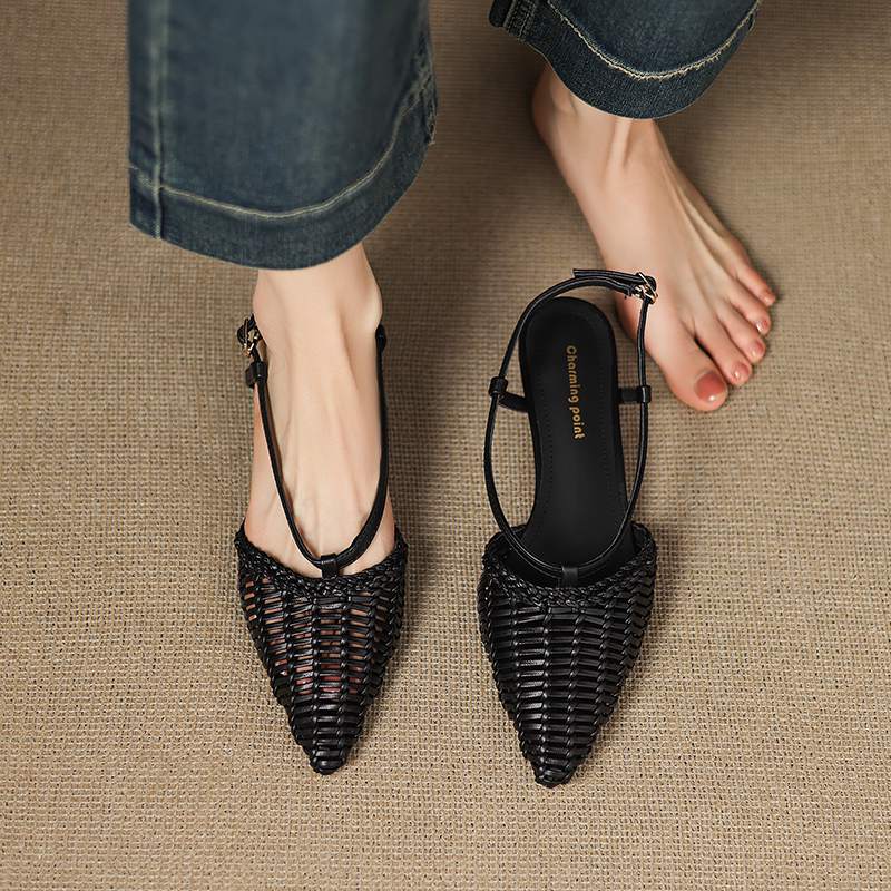 Krazing Pot Straw Weaving Mules Summer Size 42 Gold Color Thick Low Heels Women Women Pointed Toe Sandals