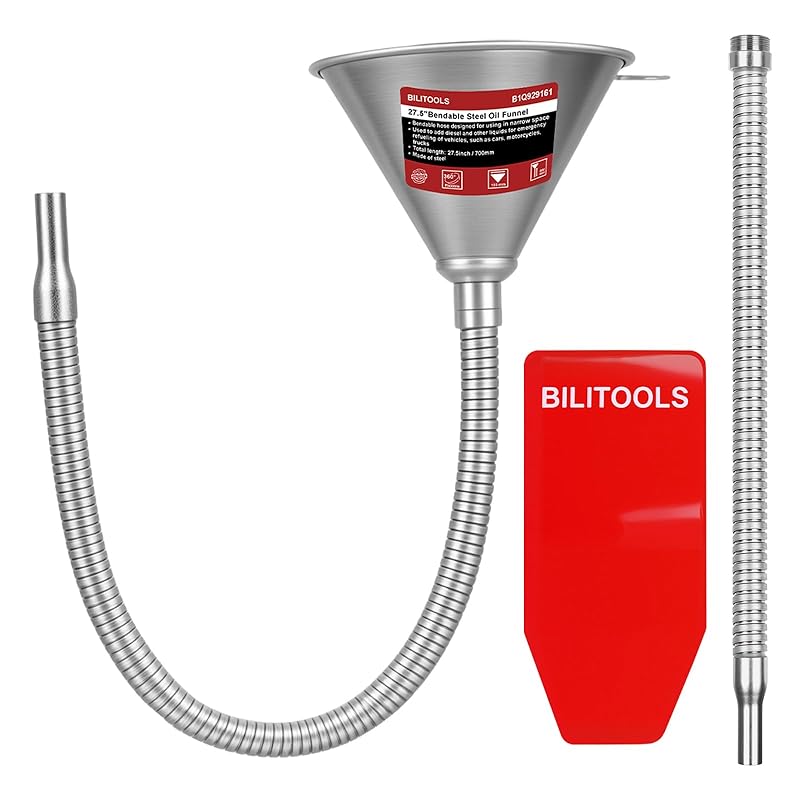 BILITOOLS 26.2" Steel Flexible Oil Funnel With Filter For Automotive Use, Metal Bendable Spout Funnel For Oil Fluids Change, Long Funnels For
