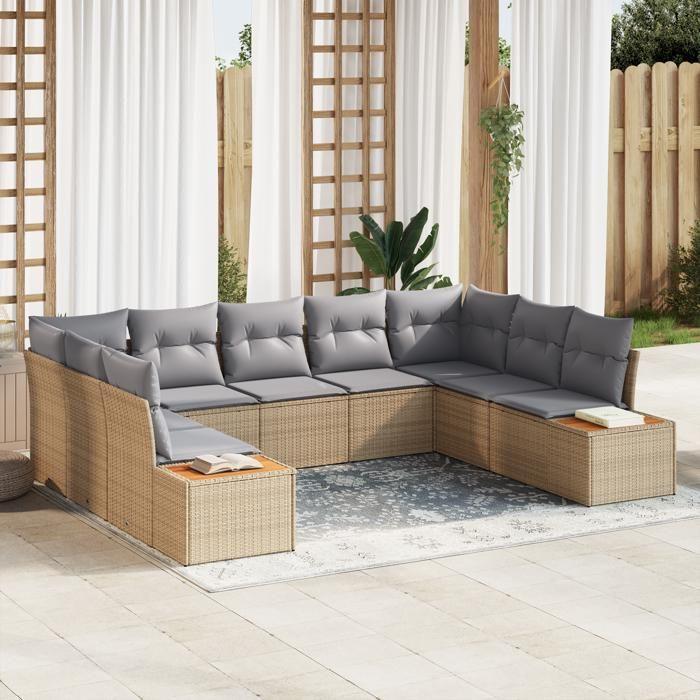 VidaXL Ensemble de canapé de jardin 9 pièces avec coussins en rotin poly beige acacia 3348166