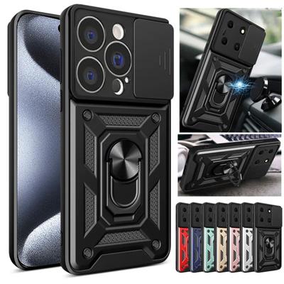 Slide Camera Lens Armor Ring Phone Case For iPhone 15 14 13 12 11 Pro Max X XR XS Max 7 8 14 15 Plus Shockproof Hard PC Stand Holder Cover