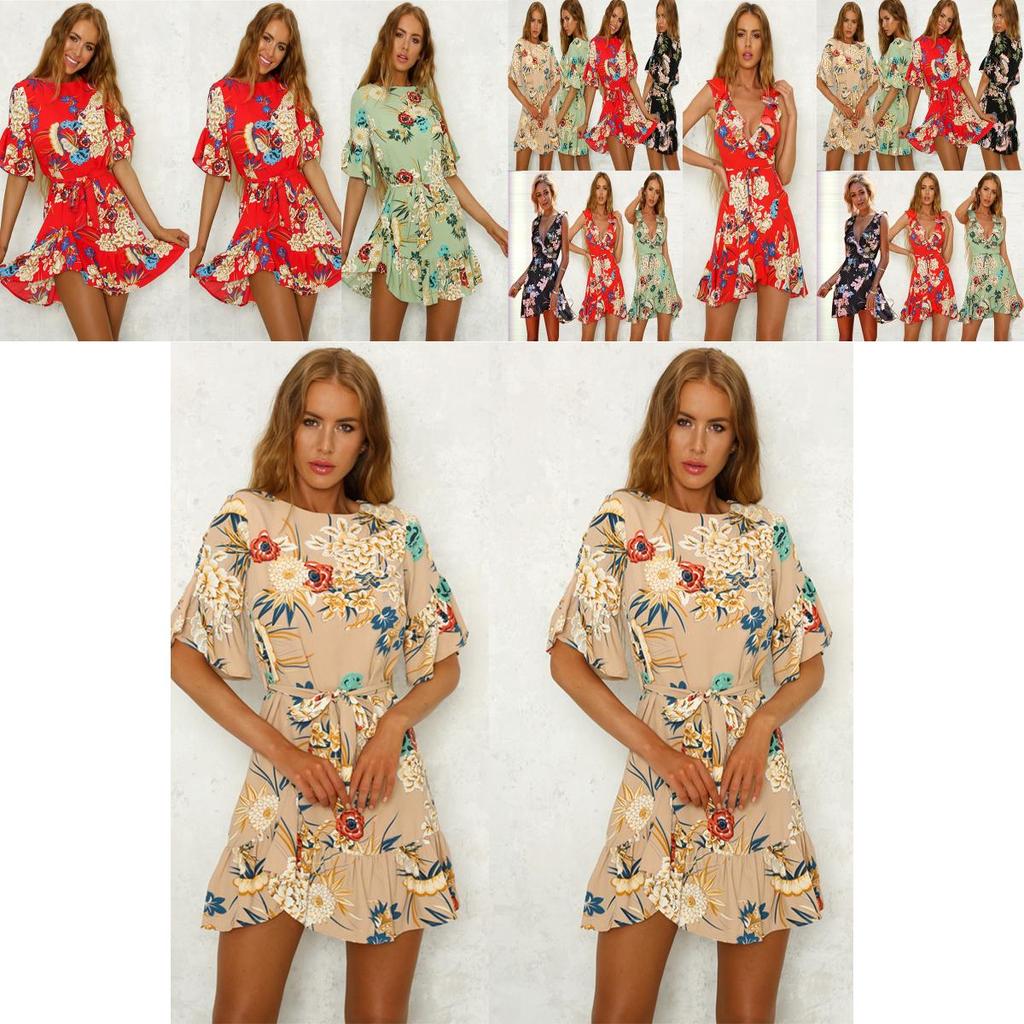 Stylish Womens Mini Ladies Dress Floral Print Ruffle V Summer Beach Sundress For Every Occasion