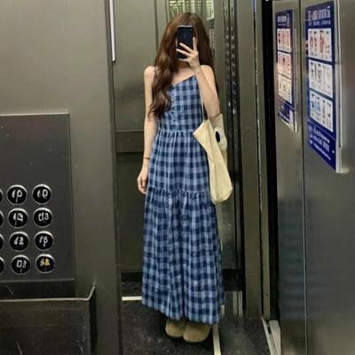 Plaid Dress Women's Summer New Pure Desire Suspender Plaid Loose Long Thin Temperament Girl Age Reduction Skirt