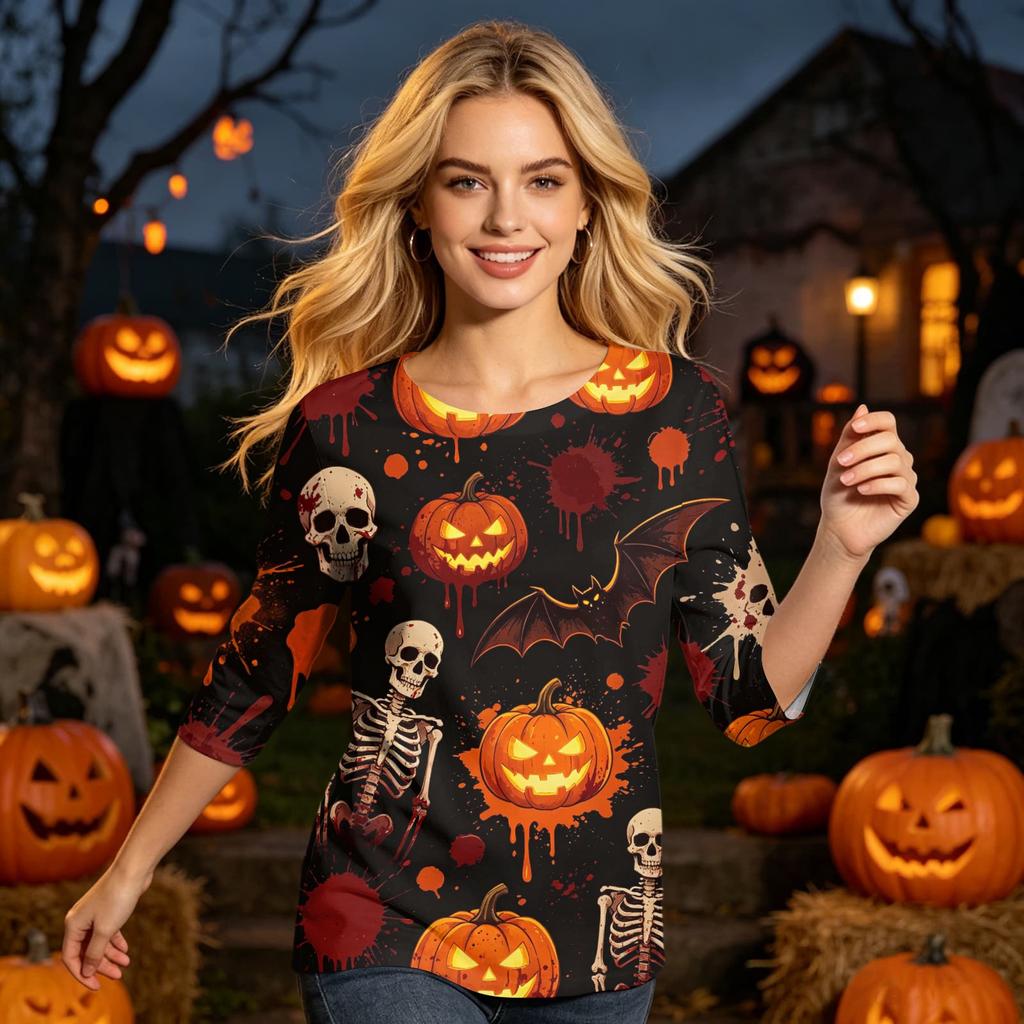 Women’s Casual Three Quarter Sleeve Crew Neck Top with Halloween Inspired Print and Relaxed Fit for Everyday Wear